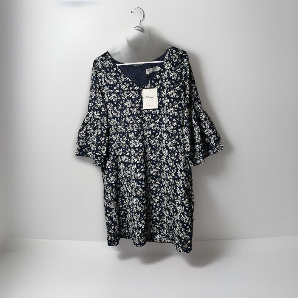 Belongsci Women’s Dress V-Neck 3/4 Sleeve‎ Casual Zip Up Blue Floral Size Medium